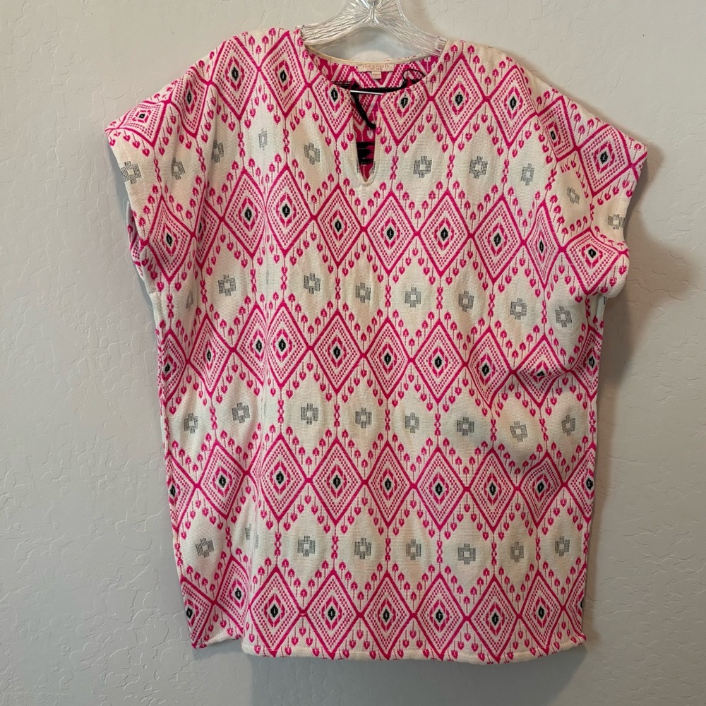 PINK CHICKEN NEW YORK Pure Cotton Tunic Blouse Pink Black White Size Large